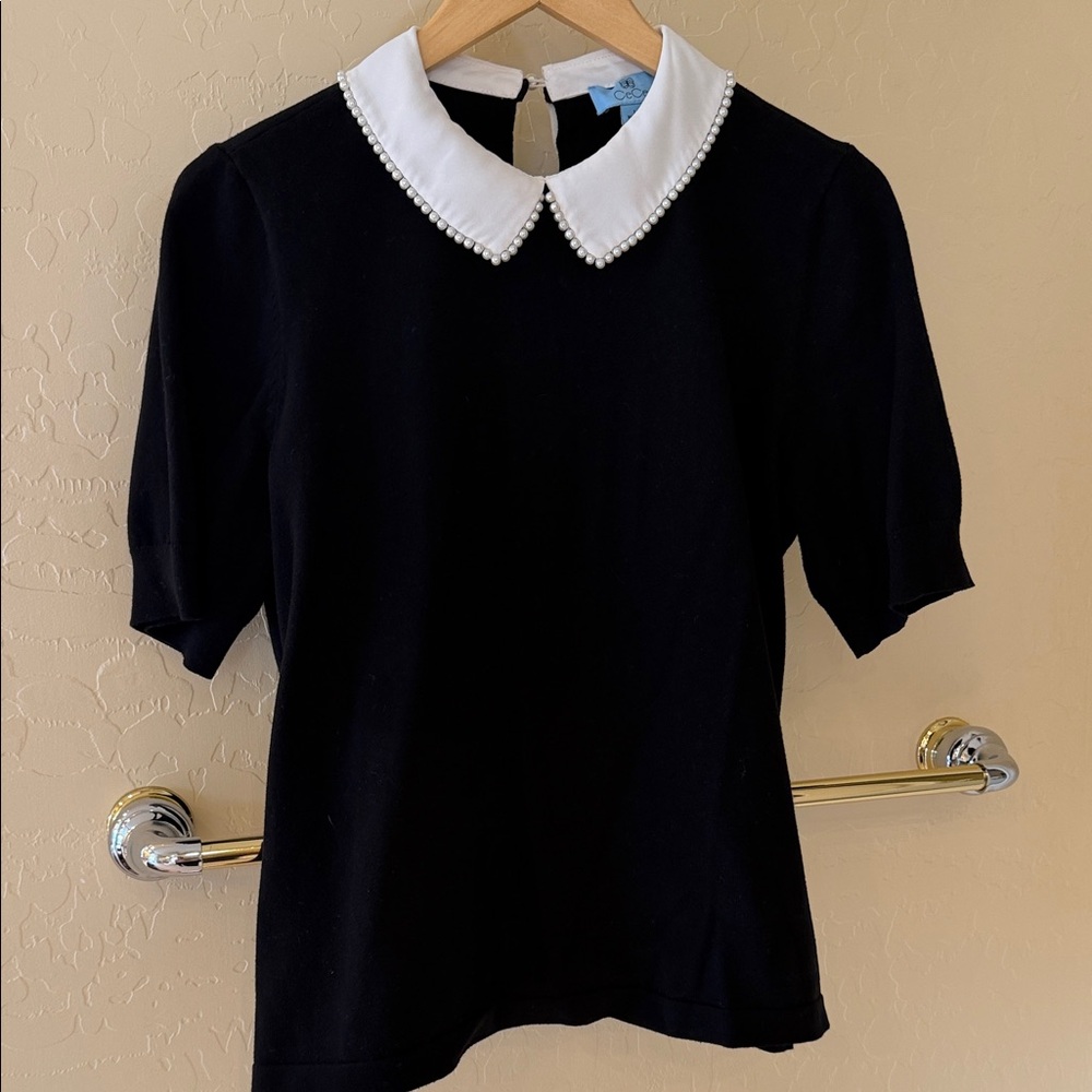 CeCe Black Sweater with White Pearl-Trim Peter Pan Collar